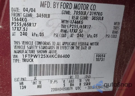 2004 Ford F-150 Lariat/Xlt from USA, damaged, VIN 1FTPW125X4KC86400